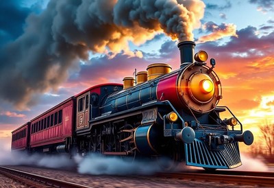 Steam train speeds through countryside at sunset