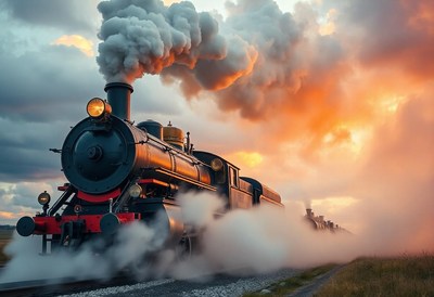 A steam locomotive travels through the countryside at sunset