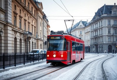 A red tram travels down a snowy street in a european city
