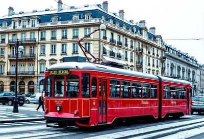 A red tram travels through the streets of geneva