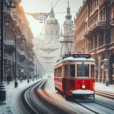 A red tram travels down a snowy street in budapest