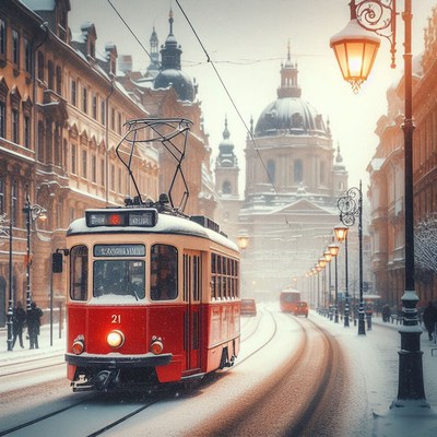 A red tram travels through a snowy street in prague