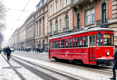 A red tram travels down a snowy street