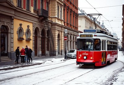 A red tram travels through a snowy european city
