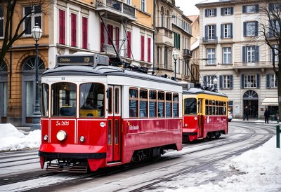 A red and white tram travels through a snowy city street