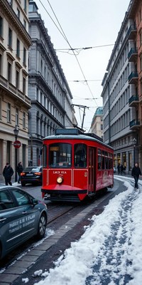A red tram travels down a snowy street