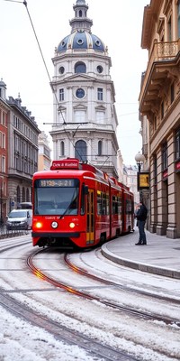 A red tram travels through a snowy vienna street