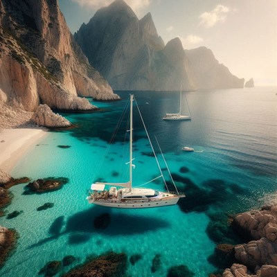 A sailboat is anchored in a clear, blue bay