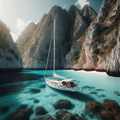 A sailboat sits in a secluded cove