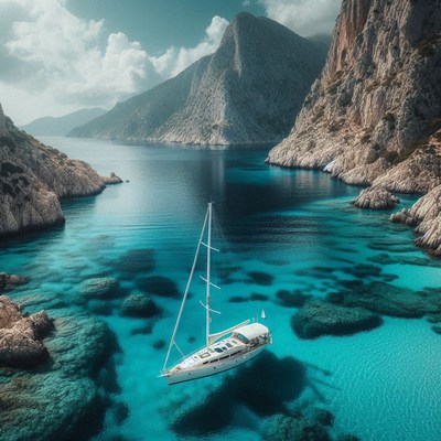 A sailboat rests in a serene cove in greece