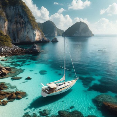 A sailboat is anchored in a secluded bay