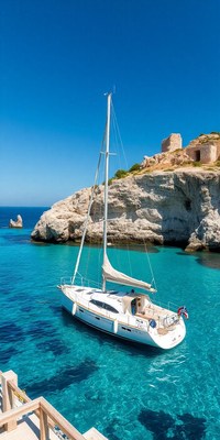 A sailboat rests in a turquoise bay near a rocky cliff