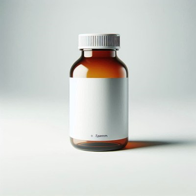 A brown glass bottle with a white label