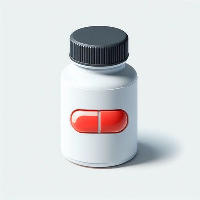 A white pill bottle with a red capsule on the label