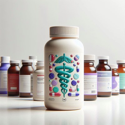 A bottle of pills with a medical symbol on the label
