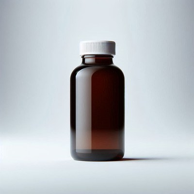 Brown glass bottle with a white cap on white surface