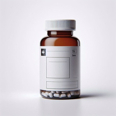A brown bottle of pills with a blank label