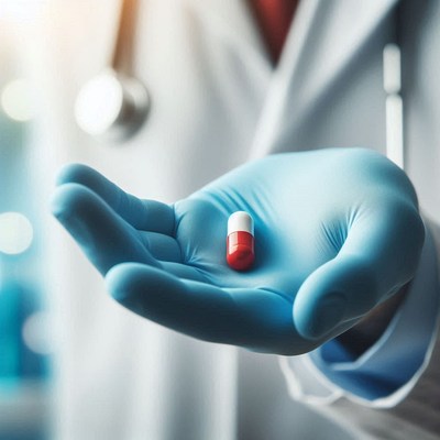 A doctor holds a red and white pill
