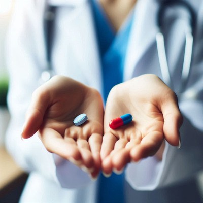 A doctor holds a blue pill and a red and blue capsule