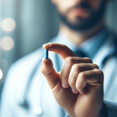 A doctor holds a blue pill in his hand