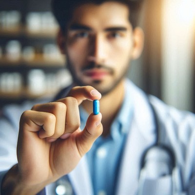 A doctor holds a blue pill