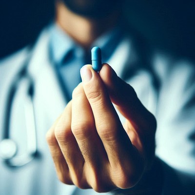 A doctor holds a blue pill