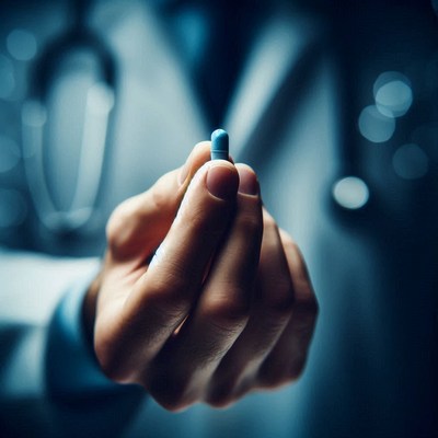 A doctor holds a blue pill