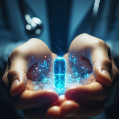 A doctor holds a glowing blue pill in their hands