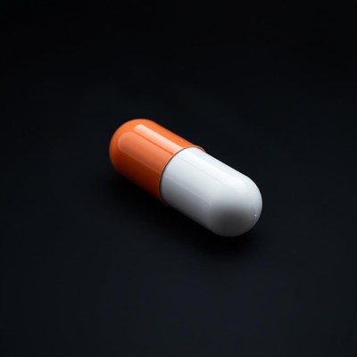 A single orange and white pill rests on a black surface