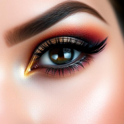 Close-up of a woman's eye with orange eyeshadow