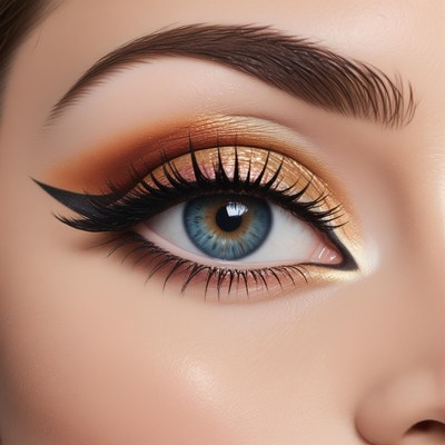 Closeup of woman's blue eye with gold makeup