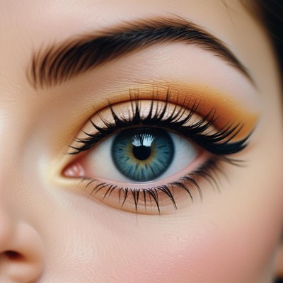 A close-up of a blue eye with gold eyeshadow