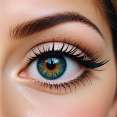 A close-up of a blue eye with long eyelashes