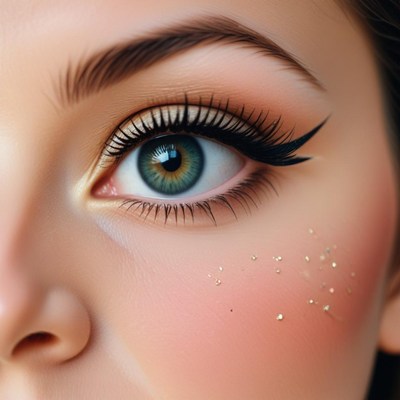 A close-up of a woman's eye with dramatic makeup