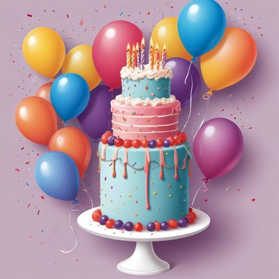 A festive birthday cake with candles and balloons