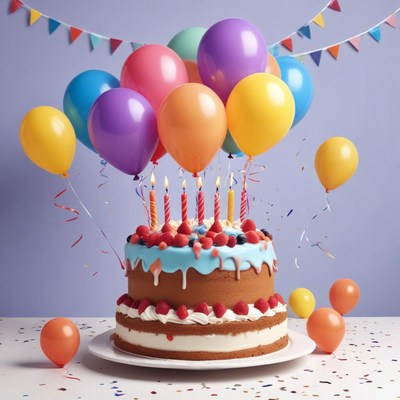 A birthday cake with candles and balloons