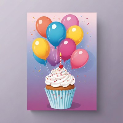 A cupcake with a single candle is surrounded by balloons