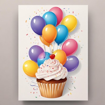 A colorful cupcake with balloons for a birthday celebration