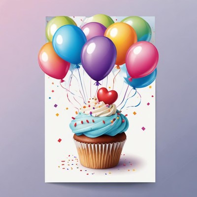 A cupcake with balloons and a heart on top