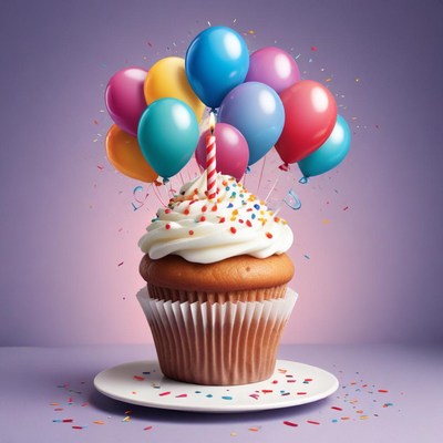 A birthday cupcake with balloons and sprinkles