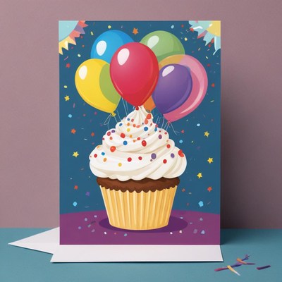 A colorful cupcake with balloons and confetti