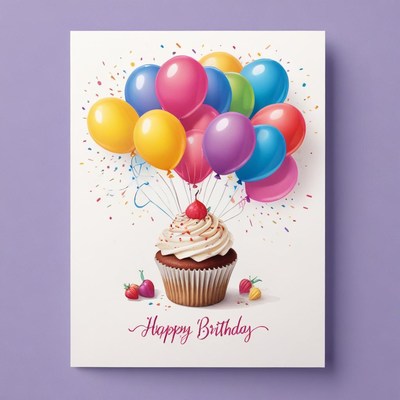 Cupcake with balloons says happy birthday!