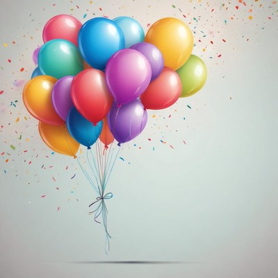 Colorful balloons float against a light blue background