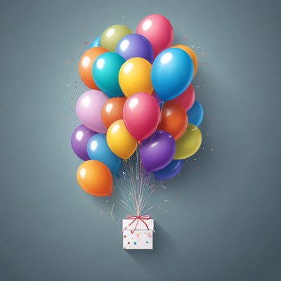 Colorful balloons lift a gift box