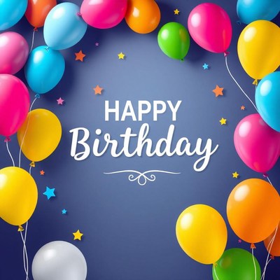 Colorful balloons surround a happy birthday message