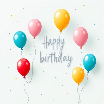 Colorful balloons float against a white background