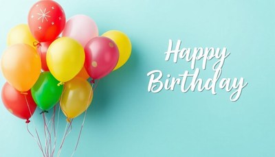 Balloons on blue: 'happy birthday'