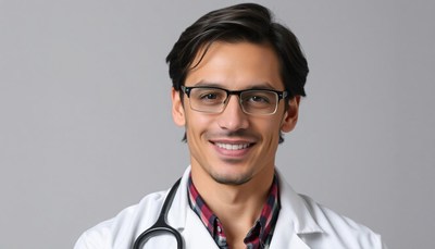 A doctor smiles while wearing a white coat and stethoscope