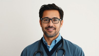 A smiling doctor wears a stethoscope