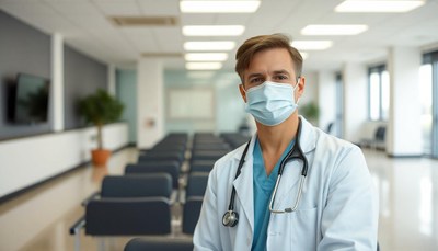 A doctor wearing a mask stands in a hospital waiting area